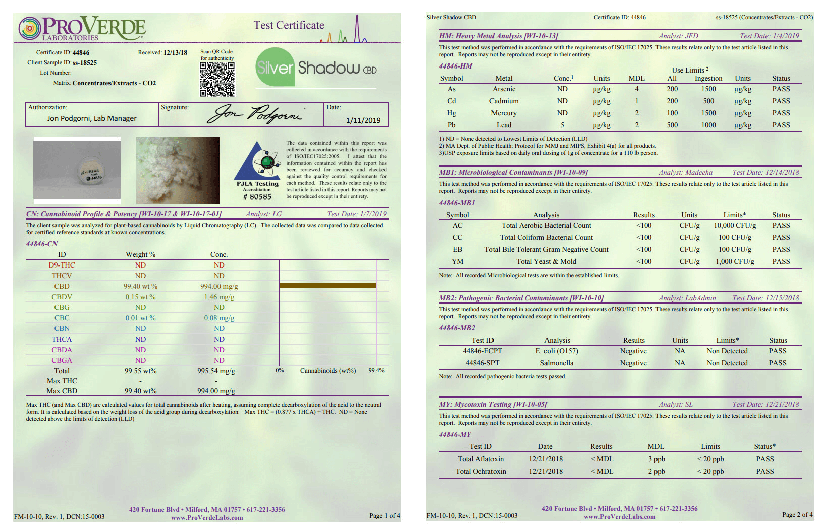 Certificate of Analysis (COFA) 1